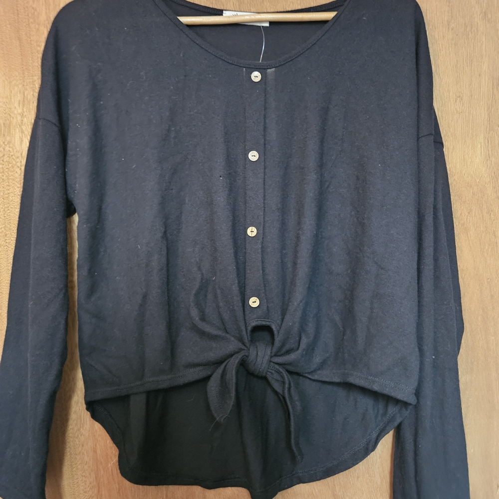 Mikey & Joey Black Button-Down Tie-Front Top